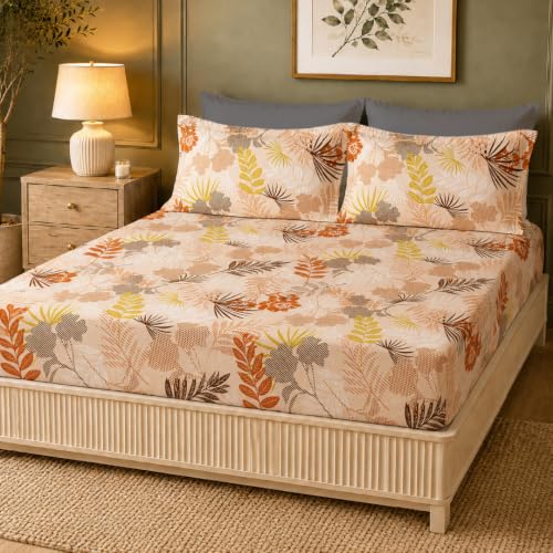 Image of LANE LINEN Symphony | 100% Cotton Sheet Set | Soft & Breathable Fabric | 3 Piece (1 Bedsheet + 2 Pillow Covers) | King Bed Sheet Set - Rust and Yellow Floral