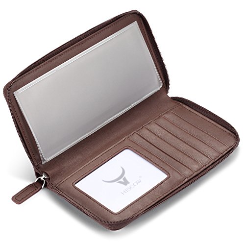 Image of HISCOW Leather Checkbook Cover, Zippered Wallet with Card Slots, Brown | Full grain cowhide, 5cc & ID window, personal check book & register pockets, removable duplicate divider, women secure zipper