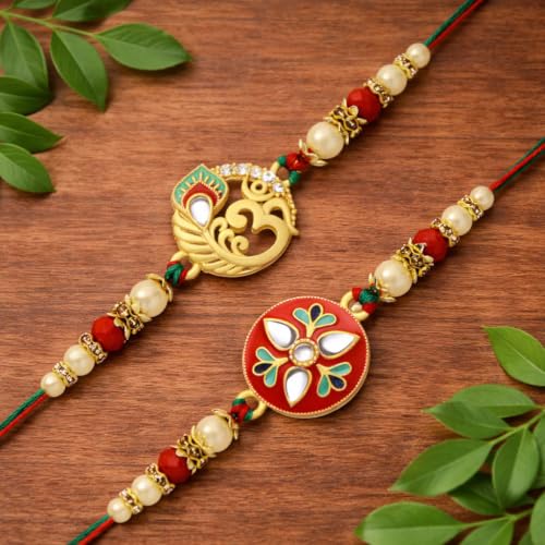 Image of Riddhika Ventures Glorious Gold Plated Auspicious Diamond Ring Rakhi (Set of 2) with Roli Chawal and Greeting Card