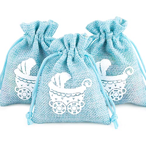 24pcs Bolsas de Regalo Azul Bautizo Bolsitas 8x10cm de Caramelos Galletas para Baby Shower Cumpleaños Niños Saquitos de Tela Yute Arpillera Bolsas Pequeñas para Bombones Dulces Regalos