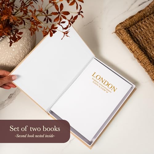 Image of Decorative Books with Storage (Gray /Beige) - Set of 2 Faux Linen Book Boxes with Gold Stamped Covers - Enhance Your Coffee Table, Bookshelf Decor - Hidden Storage for Photos, Keepsakes, and Jewelry