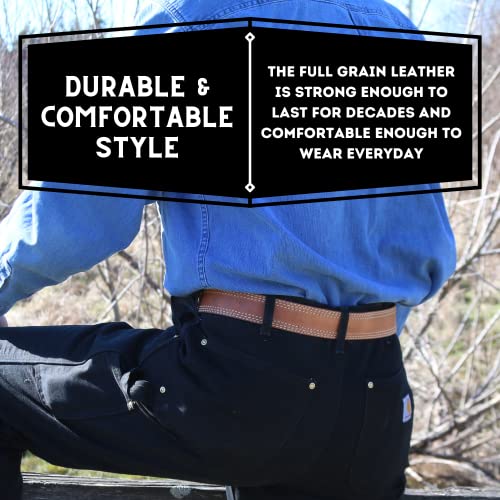 R.G. BULLCO Men's 1-1/2" Genuine Premium Real Full Grain Tan Leather Belt with Triple Stitch Edge Trim - Style-1134