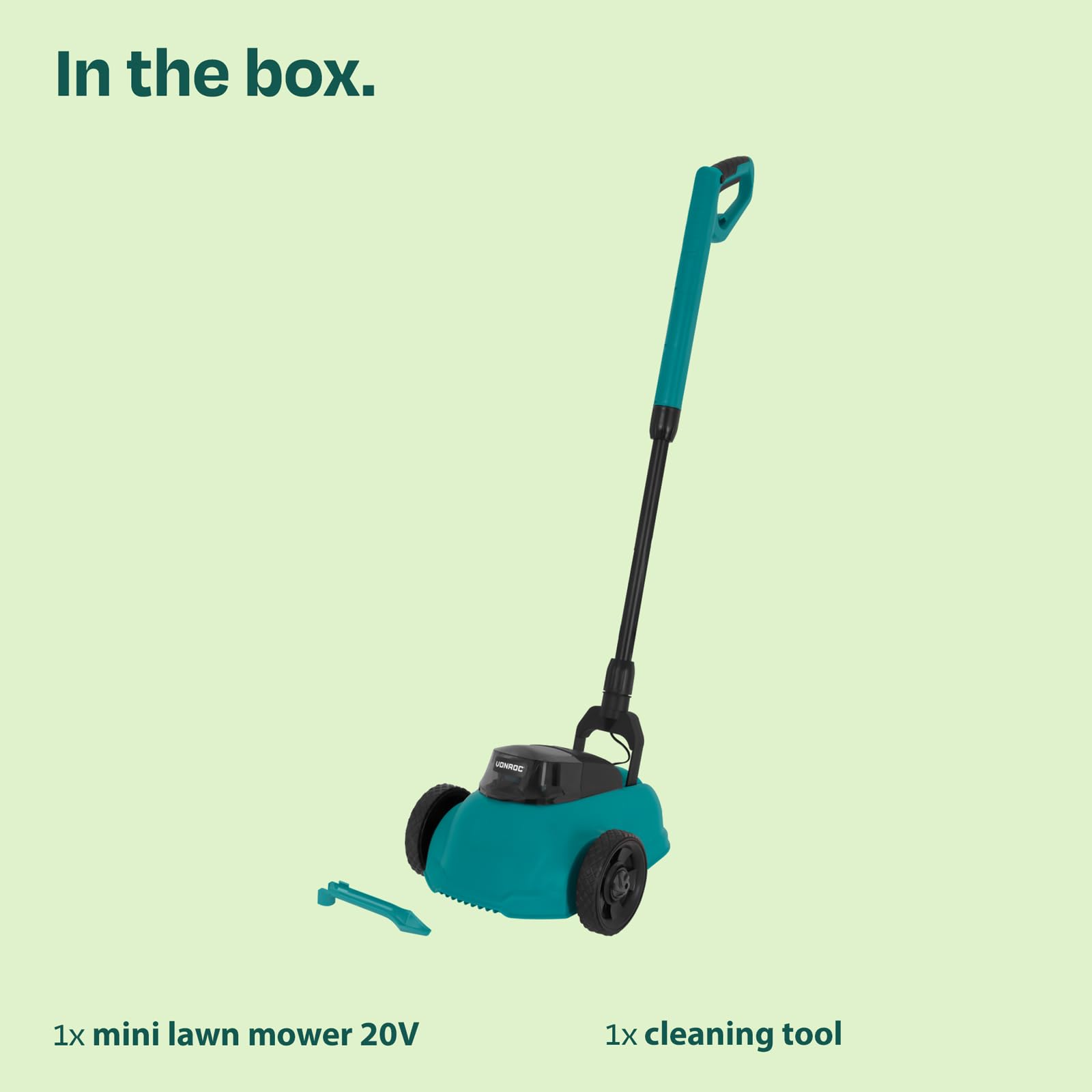 VONROC Mini Kosiarka Bezprzewodowa 20V 22 cm – Zestaw z Akumulatorem 2.0Ah i Szybką Ładowarką, Silnik Brushless, Mulczowanie, Regulowana Wysokość, Lekka (bez baterii)