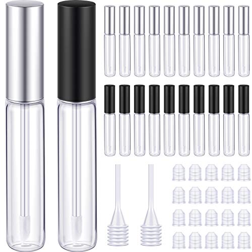 20 Pieces 10ml Lip Gloss Tubes Empty Lip Gloss Containers Clear Lip Balm Bottle with Rubber Stoppers and 2 Pieces Funnels for Women Girls DIY Tool (Black and Silver)