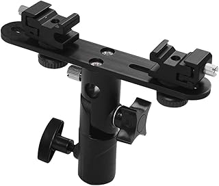HUNYA T-Shaped Dual Flash Bracket Flash Speedlite Stand with 2 Cold Shoe Mounts 1/4 Inch to 3/8 Inch Mount Umbrella Hole Replacement for Flash for Light Stand Photography Umbrella