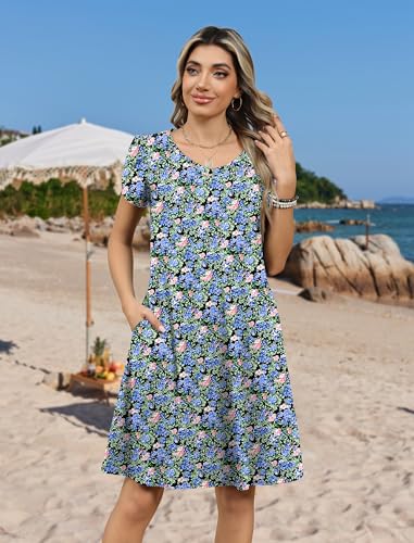 Image of Zeagoo Womens Summer A-Line Dress with Pockets Mini Short Sleeve Dresses Flowy Beach Swing Dress 2026 Vacation Travel