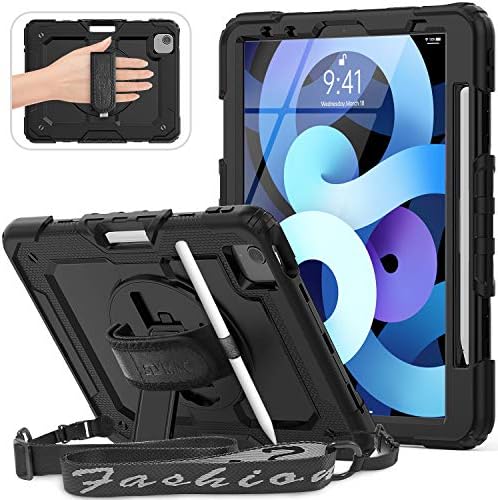 SEYMAC iPad Air 5th Gen 2022 & iPad Pro 11 Case 2022/2021/2020/2018 & iPad Air 4 10.9 Case, Shockproof Case with Screen Protector,Hand Strap/Stand,Shoulder Strap,Pencil Holder for iPad Air 5/4, Black