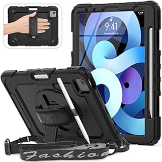 SEYMAC iPad Air 5th Gen 2022 & iPad Pro 11 Case 2022/2021/2020/2018 & iPad Air 4 10.9 Case, Shockproof Case with Screen Protector,Hand Strap/Stand,Shoulder Strap,Pencil Holder for iPad Air 5/4, Black