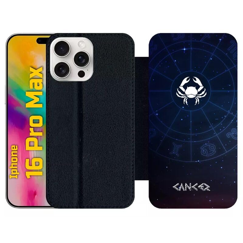 Housse étui à rabat pour iPhone 16 Pro Max simili-cuir noir à motif astrologique