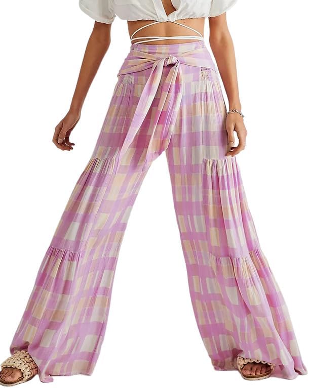 Women Wide Leg Palazzo Lounge Pants Printed Beach Summer Boho Tie-Waist Bell Bottoms Trousers