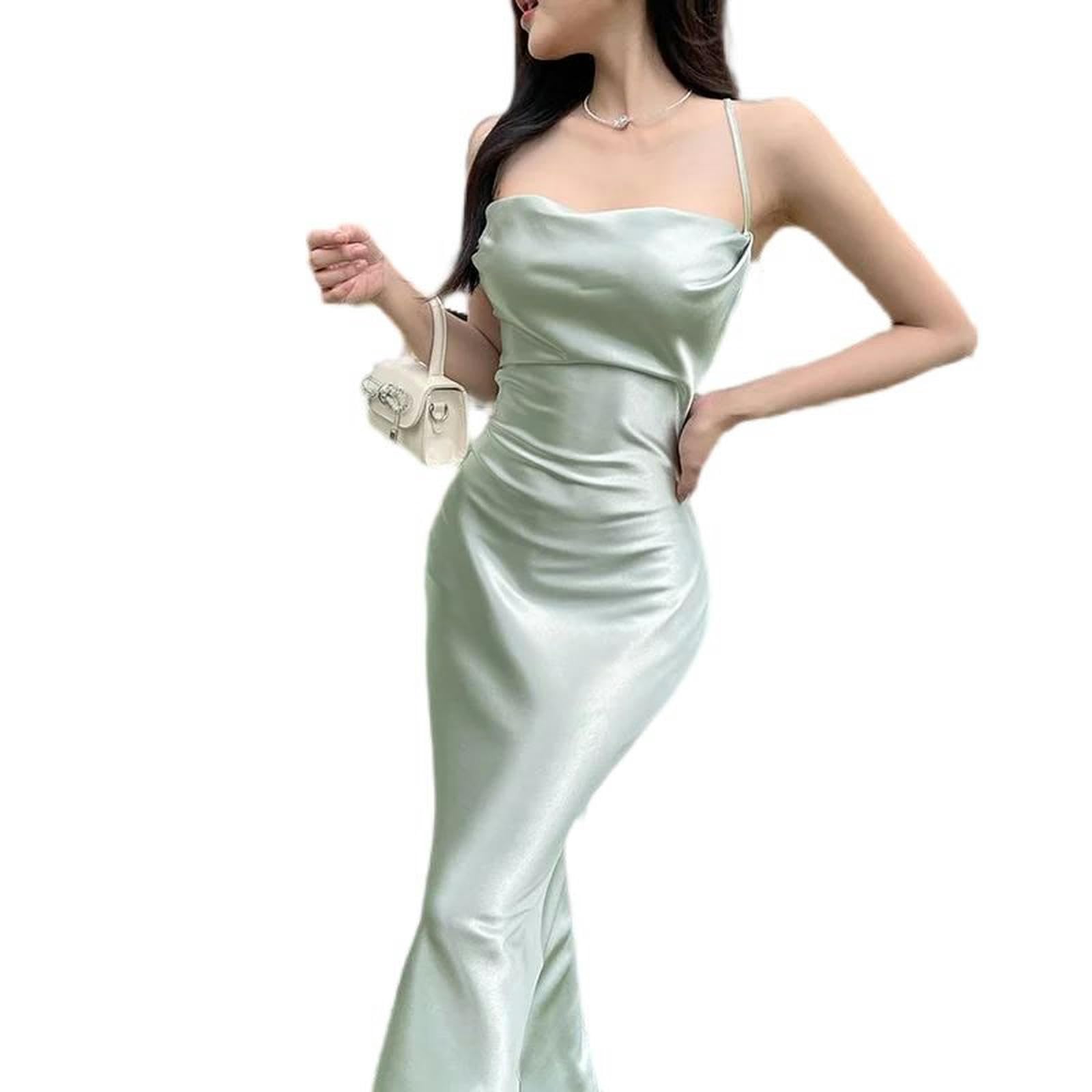 Elegante Abito con Bretelle in Raso per Donna Estate Festa Abito Lungo -Verde-S