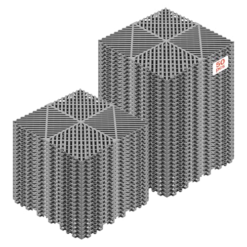 VEVOR Dalles de Sol Clipsables pour Garage, Tapis de Drainage Modulaire en PP, Lot de 50, 310x310 mm, pour Piscine, Spa, Terrasse, Jardin, Balcon, Sous-sol,...