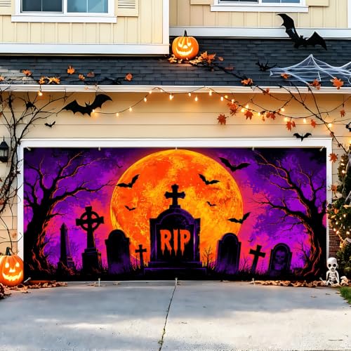 Image of Halloween Garage Door Decorations 7 x 16 ft, RIP Grave Cover