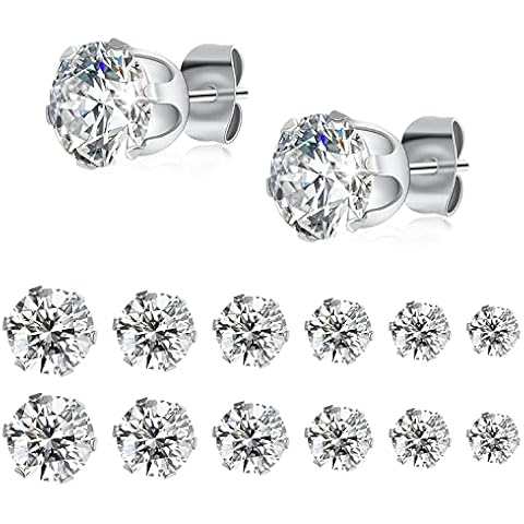 Studs Earrings for Women Mens, 6 Pair Stainless Steel Earrings Silver Stud Earrings Sets Cubic Zirconia Gifts Diamond Earrings Mens Earrings Studs Small Earrings for Women Men Cover