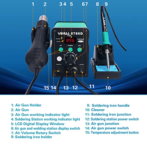 Yihua 8786D 2 In 1 Hot Air Rework Station And Soldering Iron Station Max 896°F And Airflow 120L/Min(Max), Cool/Hot Air Conversion With Digital Temperature Correction And Soldering Function #TOP1
