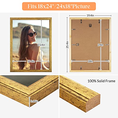 Moudamion Wood 18X24 Frame Gold, Ornate Natural 24X18In Poster Picture Frame, Modern Golden 18 X 24Inch Gallery Wall Photo Frame With Hd Plexiglass, Horizontal Vertical Wall Mounting Display 1Pcs #TOP4
