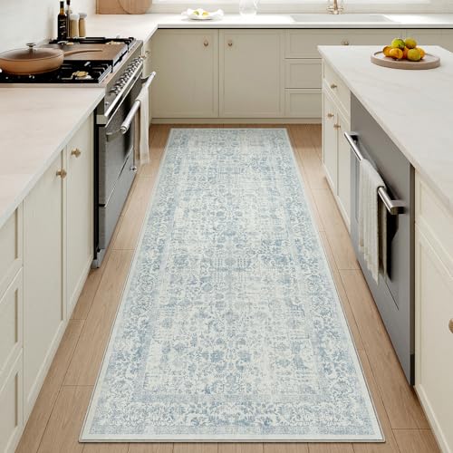 Blue Runner Rug 2x5 Hallway Machine Washable Kitchen Vintage Distressed Non Slip Long Carpet Indoor Retro Floral Bedroom Accent Throw Rug for Bathroom Office Laundry Dining Room