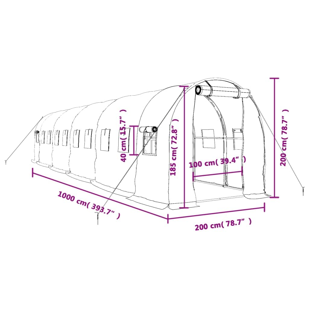 Serra con telaio in acciaio bianco, 20 m², 10 x 2 x 2 m, per giardinaggio hobbistica, coltivazione di piante, casa di pomodori, aiuola, per esterni, resistente alle intemperie, protezione