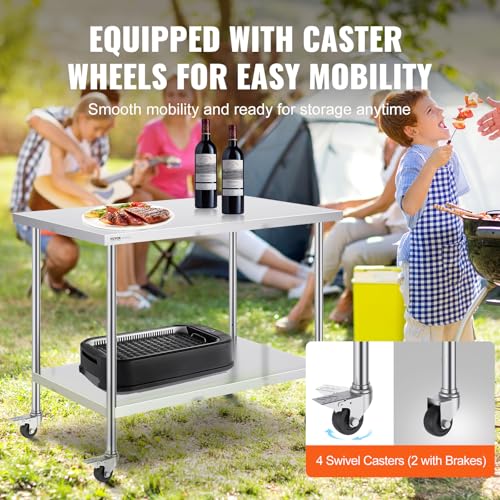 Image of VEVOR Stainless Steel Work Table 30 x 48 x 38 Inch, with 4 Wheels, 3 Adjustable Height Levels, Heavy Duty Food Prep Worktable for Commercial Kitchen Restaurant, Silver