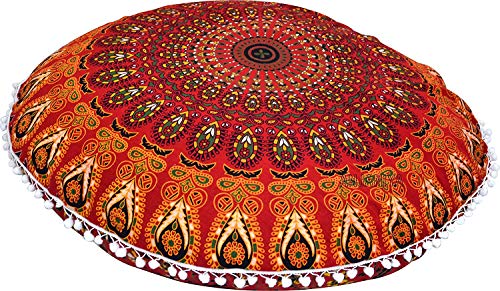 Thriving Peacock Mandala Handmade Floor Pillow Cover Cotton Cushion Cover Girls, Boys Living Room Décorative Pouf Case Round Floor Pillow Cover Pet Bed Yoga Mat Meditation Pillow Case #TOP2