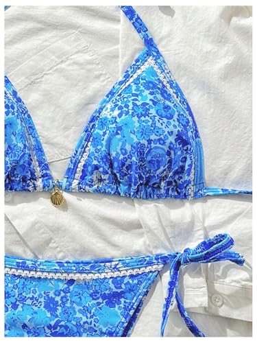MakeMeChic Women's Floral Swimsuits Halter Triangle Tie Back String Thong Bikini Set Beachwear3
