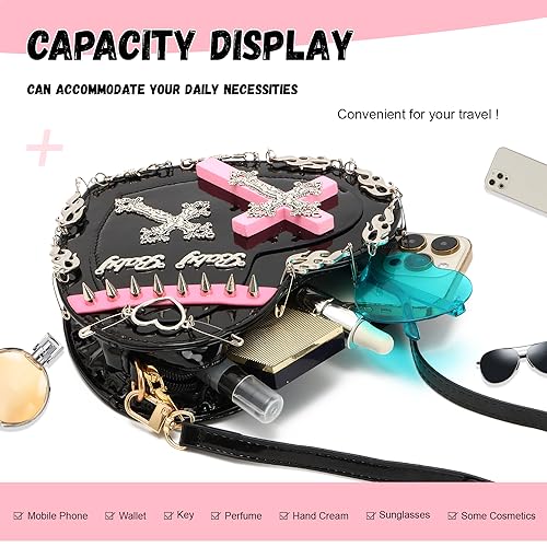 SUKUTU Women Gothic Punk Crossbody Bag Cute Heart Shaped Studded Shoulder Bag Purse3