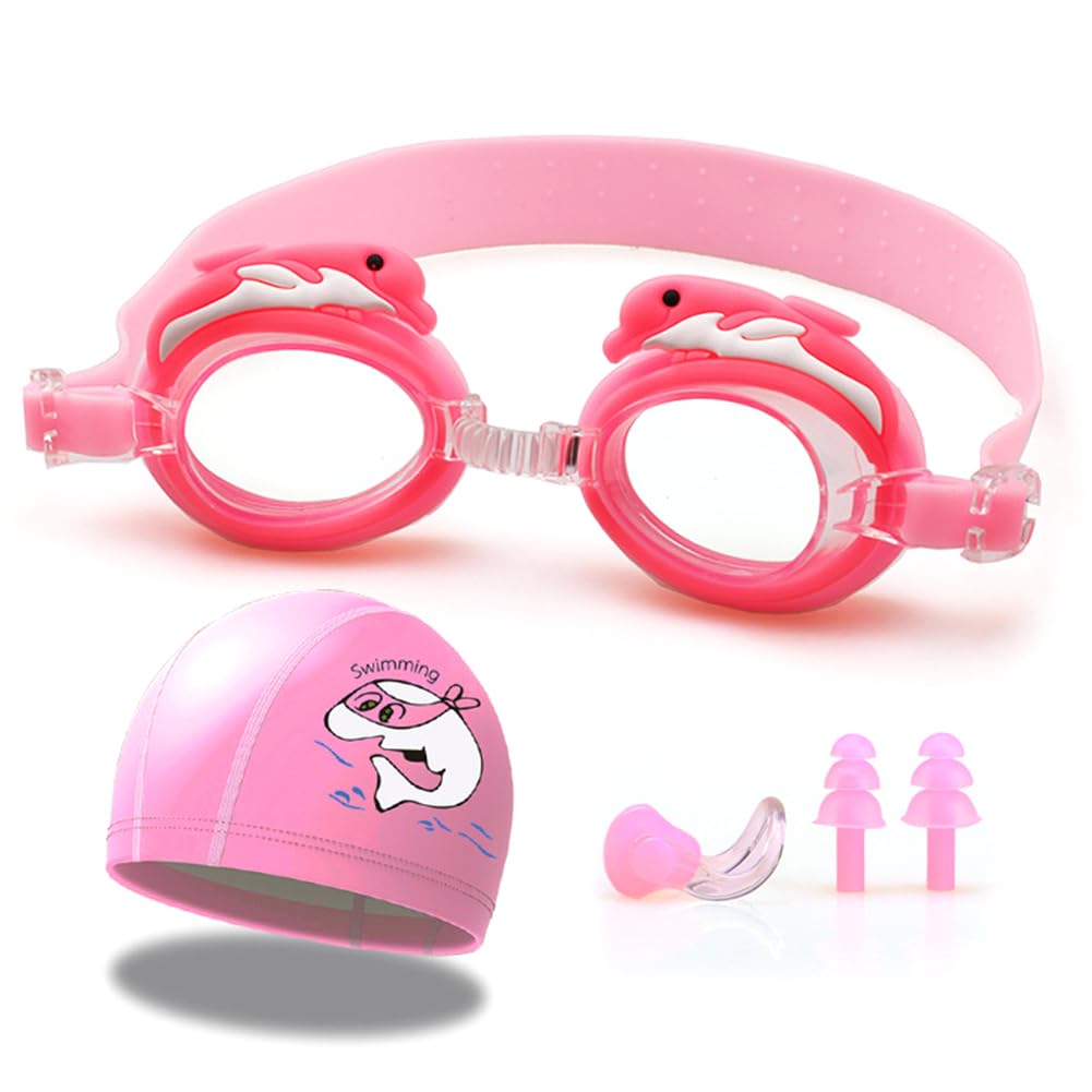 4 Pcs Dolphin Kids Swimming Cap, Stretchable Swim Cap Adjustable Goggles Nose Clip & Earplugs, Swimming Sets for Children Teens (Dolphin)