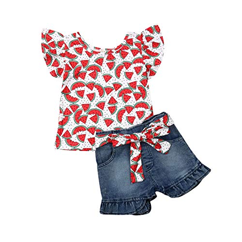 Toddler Girl Clothes Ruffle Short Sleeve Tops Shirts + Denim Shorts Outfit 2pcs Clothing Set 1-6T (Watermelon, 1-2T)