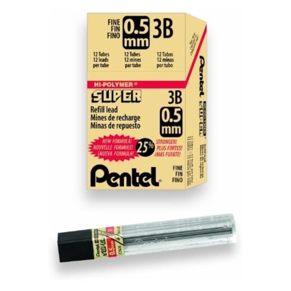 Pentel Hi-Polymer Super Lead Refills for Mechanical Pencils, 12 Leads Per Tube, 3B Grade, Dark Soft Lead For Sketching, 0.5mm Fine Point, C505-3B, Box of 12