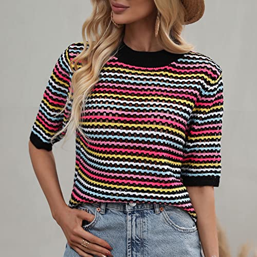 KAJIA Suéter feminino de malha oco listrado cor contrastante meia manga transparente tops casuais