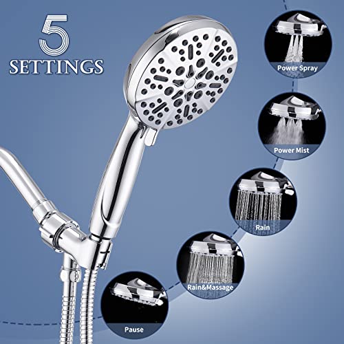 Faustina Handheld Shower Head High Pressure 5 Settings Detachable Showerhead With Massage And Pause Mode, Bathroom Shower Head Set With Adjustable Brass Ball Joint Bracket, Polished Chrome #TOP1