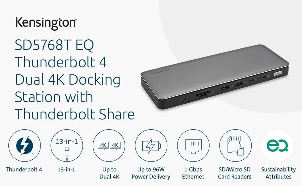 Image of Kensington SD5768T EQ Thunderbolt 4 Docking Station, Dual 4K@60Hz via HDMI /TB4 Ports, 96W Charging, SD /Micro SD Card Slots, Ethernet, Audio, Supports Thunderbolt Share (K35381NA)