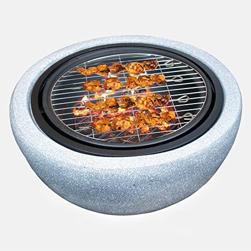 GardenCo Grey MgO Round Fire Pit - BBQ - Includes COVER - Outdoor Firepit BBQ for Garden and Patio - Wood Burner - with BBQ Grate, Spark Guard