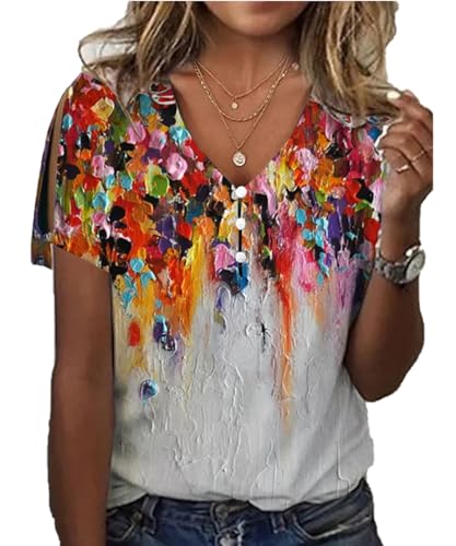 GRMLRPT Blusas de Mujer Casual Camiseta Verano Top Elegante de Manga Corta con Estampado Suave Ligero Cómodas Camisetas con Cuello en V para Primavera(Gris,L)