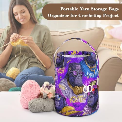 Image of Tatenale Crochet Bag Yarn Bag Knitting Project Bag with Pockets and Handle Portable Yarn Storage Organizer Tangle Free 8.3x11 InchCartoon Gorillas Glasses Trends Purple36