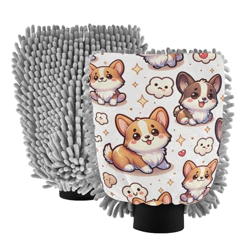ALAZA Corgi Dog Puppy Cute Car Wash Mitt Scratch Free, 2 Pack Absorbent Microfiber/Chenille Washing & Drying Mitts, M