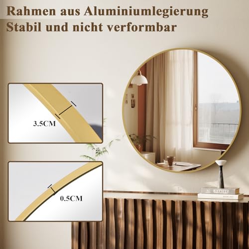 BEAUTYPEAK 46 cm Runder Spiegel, Bruchsicherer Wandspiegel mit Aluminiumrahmen, Badezimmer Spiegel zum Aufhängen und Anlehnen, Rund Wandspiegel für Schlafzimmer, Bad, Wohnzimmer Gold