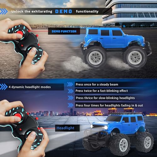 Image of popsugar Off Roader Rechargeable Remote Control Car | RC Car Monster Truck | 4 Headlight Modes | Lithium Battery | C-Type Charging | 2.4GHz Remote Controller | Made in India, Blue