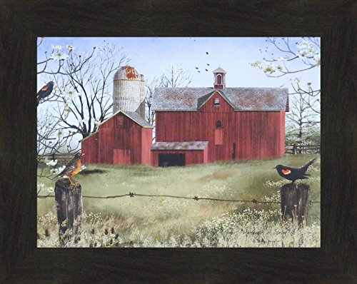 Home Cabin Decor Harbingers of Spring by Billy Jacobs 16×20 Country Barn Red Winged Black Birds Flowers Folk Art Print Framed Picture 2 Espresso