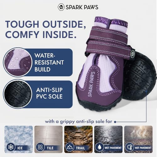 Image of Spark Paws 365 Dog Shoes - All-Weather Paw Protection | Winter Snow Boots & Summer Hot Pavement Booties for Dogs | All-Terrain, Water-Resistant, Purple - Size 7