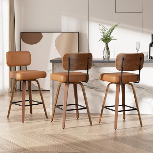 Image of Swivel Bar Stools Set of 3, 26 inch Upholstered Faux Leather Counter Height Barstools with Walnut Back & Bentwood Legs, Mid Century Modern Bar Chairs Island Stools for Kitchen Counter, Brown