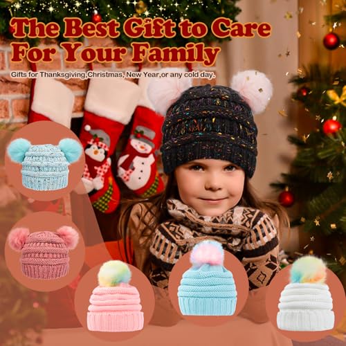 Girls Rainbow Pom Pom Beanies Winter Fleece Lined Knitted Ski Beanie Hat for Kids 7-12 Years2