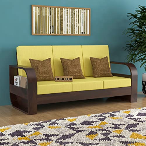 Image of Douceur Furnitures Solid Sheesham Wood 3 Seater Sofas | Three Seater Sofa for Living Room, Cafe, Office | (Walnut Cushion Lime Yellow)