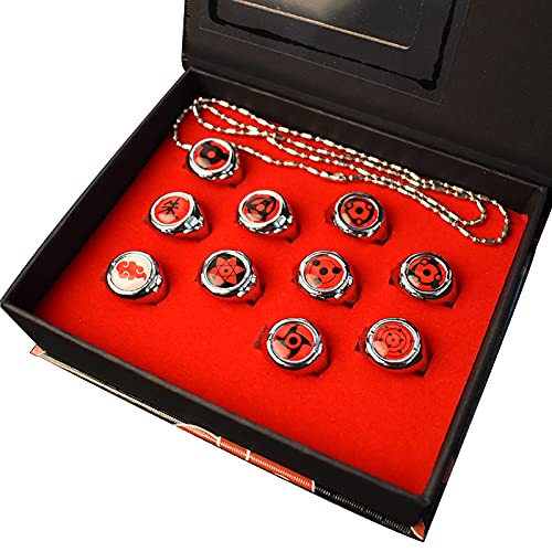 10 Pcs Anime Rings Set, Japanese Cosplay Finger Rings Anime Rings with Necklace, Anime Ring for Men, Kids and Cosplay Fans (Red - Anime Ring)