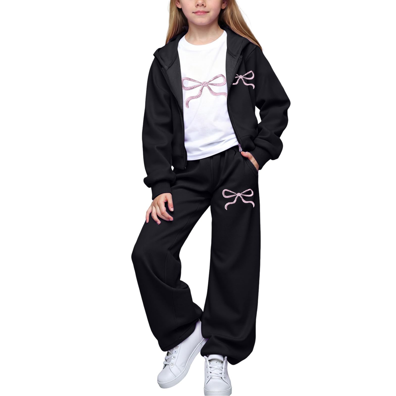 Tuta da jogging per ragazze con cappuccio, maglietta e pantaloni per ragazze con motivo a fiocco, in cotone, per tutti i giorni, sport, la scuola