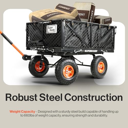 Image of SuperHandy Heavy-Duty Garden Dump Cart - Towable, Quick Release System, 10-Inch Pneumatic Tires, Compatible with Tugger Scooter