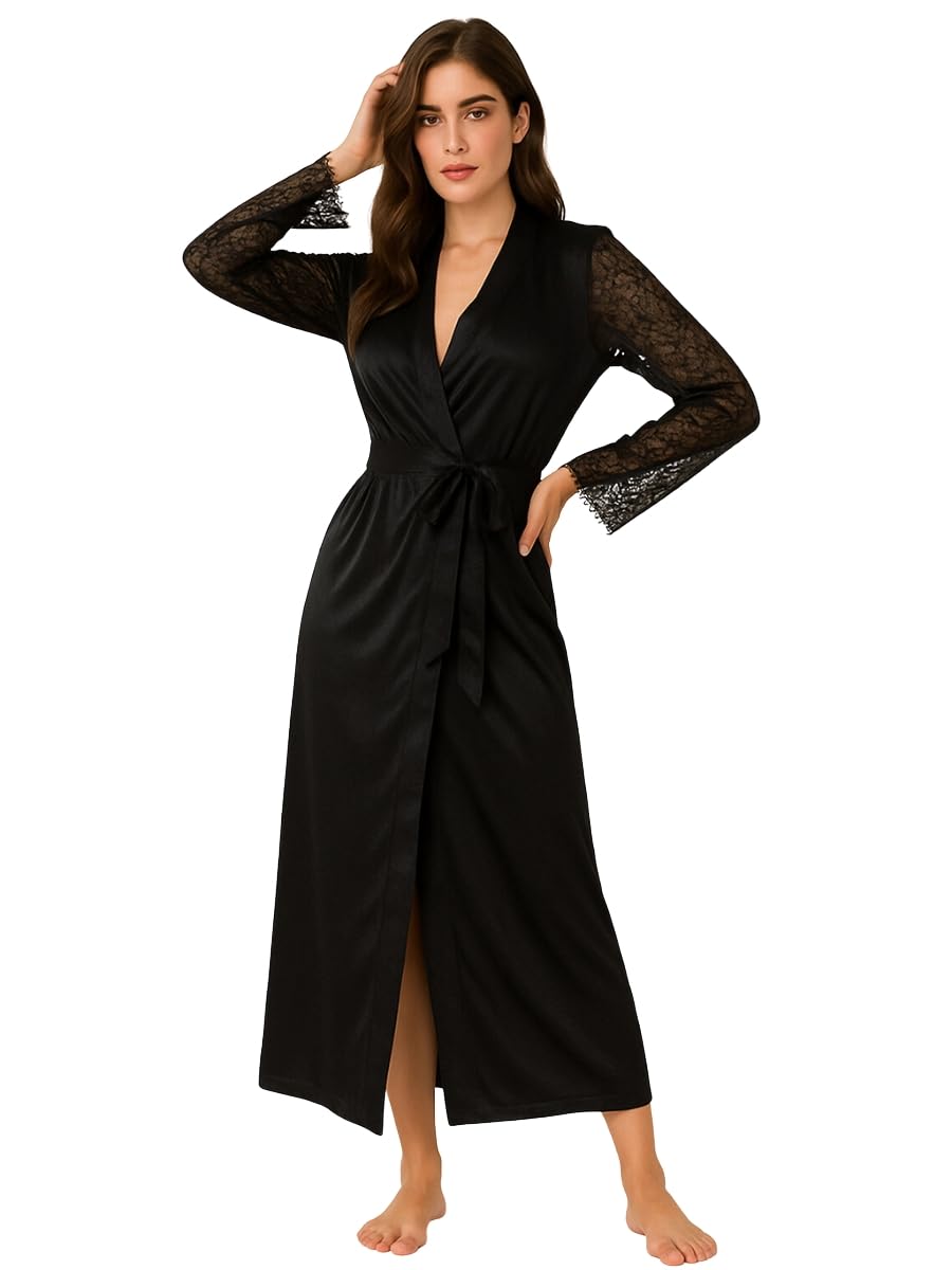 Kimono Robe for Women - Satin Bathrobe with Lace Bridal Night Wear, Long Night Robe for Women-image-49