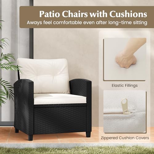 Image of Tangkula 3 Piece Patio Furniture Set, Rattan Conversation Set w /Soft Seat & Back Cushions, Tempered Glass Topped Coffee Table, Cushioned Wicker Seating Set for Backyard, Porch, Poolside (Off White)