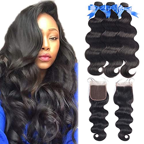 UUWIG Body Wave Human Hair Bundles with Closure Hair Extensions Weave (20 22 24+18 Inch) 3 Bundles and 4x4 Glueless Lace Closure Front 100% Brazilian Unprocessed Virgin Human Hair Natural Color