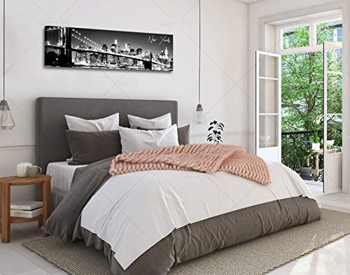 Image of New York Skyline Wall Art Black White Brooklyn Bridge Decor 13.8 inch x 47.3 inch | Night View Canvas Prints Nyc Building Panoramic Cityscap Picture Modern Artwork for Bedroom Office Decor Framed Ready to Hang